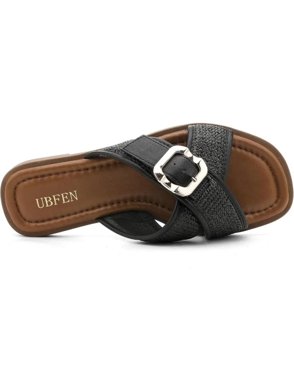 Women's Dark Black Square Toe Flat Sandals Slides Dressy Comfortable for Beach